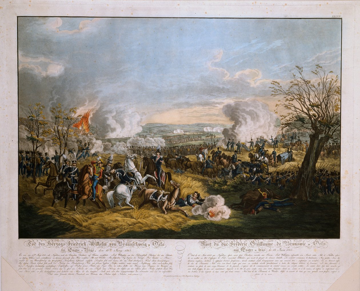 Der Tod des Herzogs Friedrich Wilhelm von Braunschweig (1771-1815) - in der Schlacht von Quatre Bras, 16. Juni 1815, veröffentlicht von J.L. Rugendas, 1815 (farbige Aquatinta) von German School