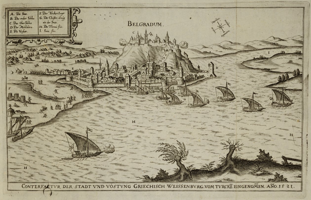 Der Fall von Belgrad an die Türken im Jahr 1521, Illustration aus einem Buch über die osmanischen Feldzüge in Europa, graviert von Paul Furst (ca.1605-66) von German School