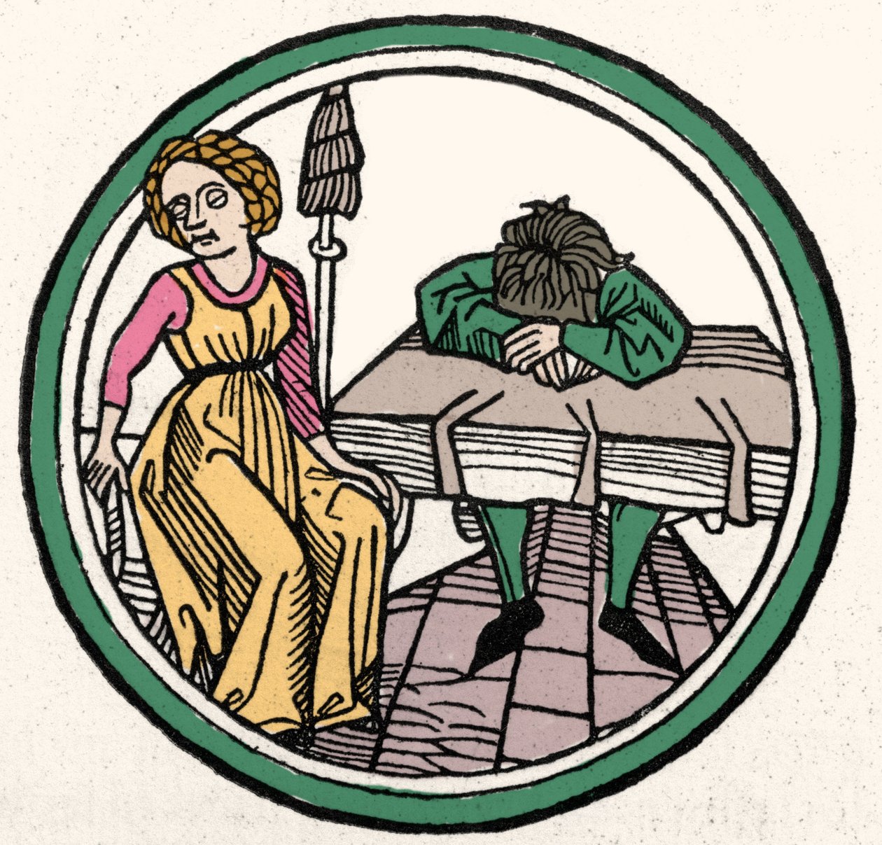 Die vier Temperamente: Melancholisch. Xylographie, Augsburg 1480 von German School