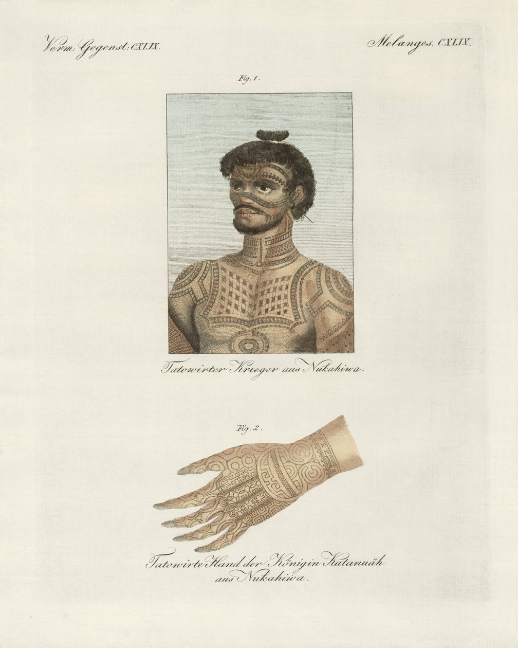 Die Kunst des Tätowierens auf der Insel Nukahiwa (farbige Gravur) von German School