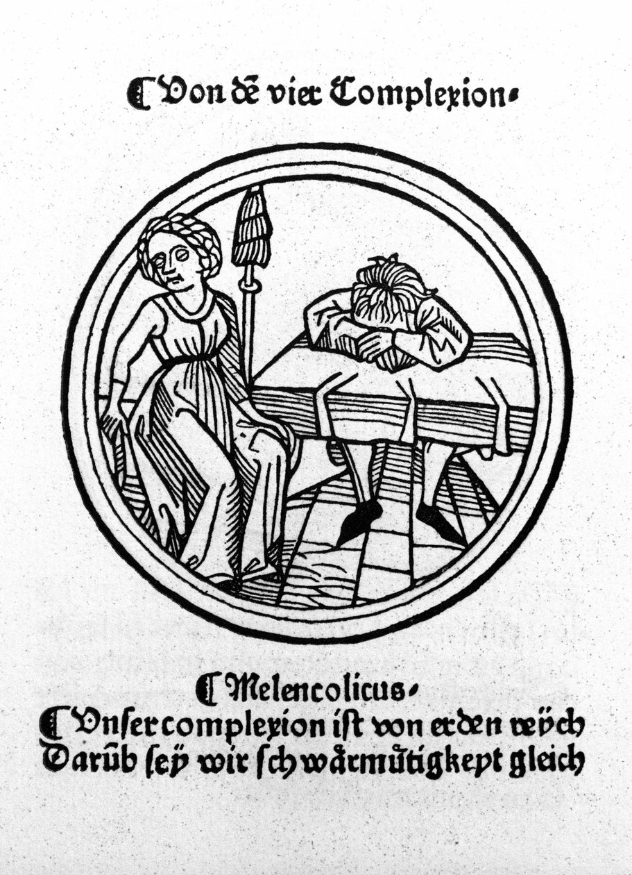 Die vier Temperamente: melancholisch (traurig und depressiv). Xylografie, Augsburg 1480 von German School