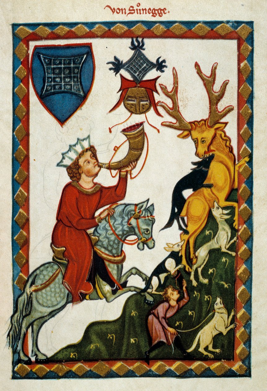 Die Freuden der Jagd: König Radin von Hohenstaufen, König von Sizilien (Italien) und Jerusalem (Israel) unter dem Namen Konrad II., Herzog von Schwaben unter dem Namen Konrad III. und König der Römer unter dem Namen Konrad V. (1252-1268) jagt Hirsche (Illu von German School