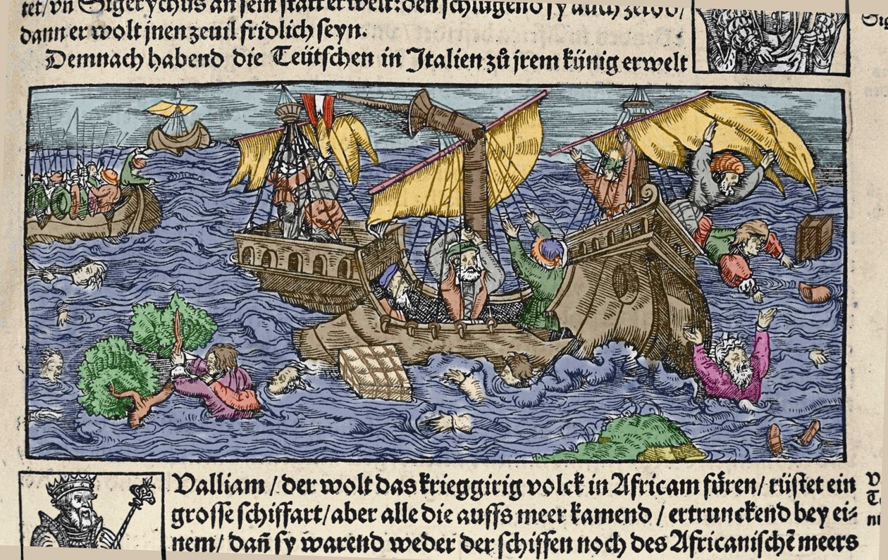 Das Schiffswrack. Gravur aus „Den Edlen Strenghen Besten Fromen“ von Johann Stumpff, Anfang des 16. Jahrhunderts von German School