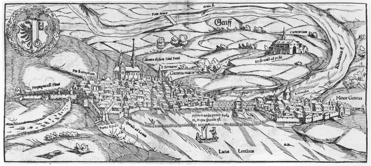 Ansicht von Genf, aus Cosmographie Universelle von Sebastien Munster (1488-1552) Basel, veröffentlicht 1559 von German School