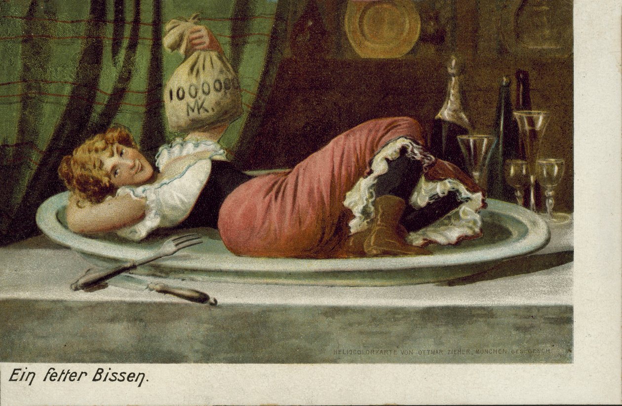 Frau auf einer Platte mit einem Geldbeutel liegend von German School