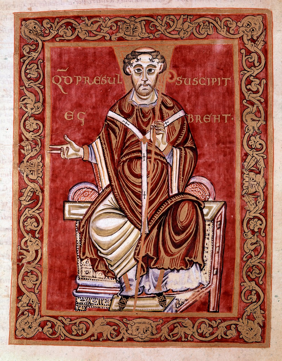 Der Bischof Egbert von Trier erhält den Psalter aus den Händen des Mönchs Rudprecht (hier nicht dargestellt) - Miniatur aus dem Codex Egberti von der Reichenauer Schule, 980 - Cividale del Friuli, Archäologisches Museum oder Kathedrale von Cividale. von German School