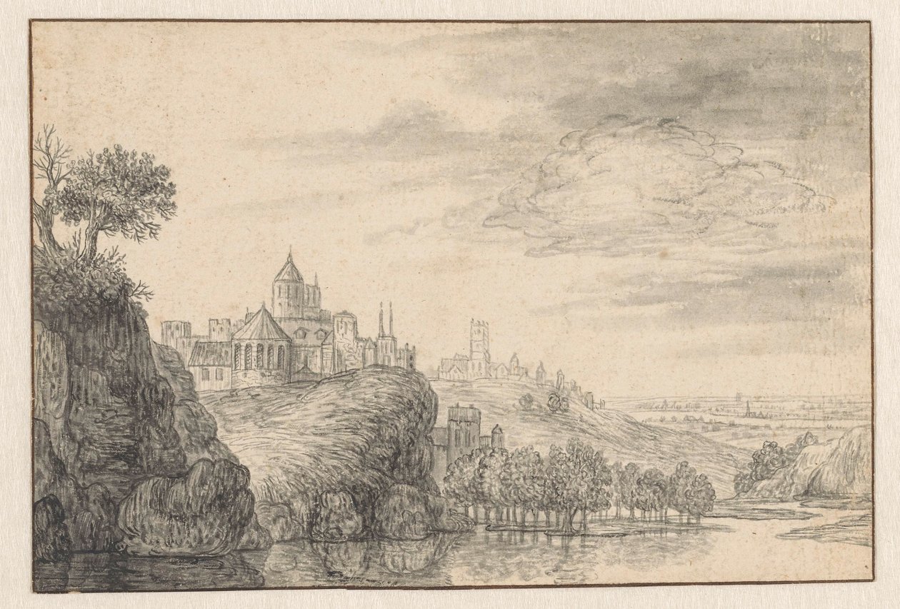Fantasieansicht einer Stadt an einem hohen Flussufer von Gerrit Battem