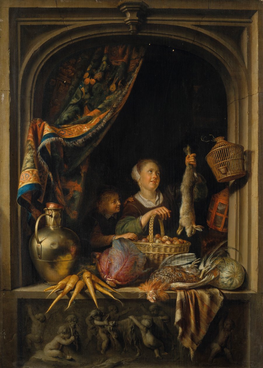 Eine junge Frau mit einem Hasen und einem Jungen am Fenster von Gerrit Dou