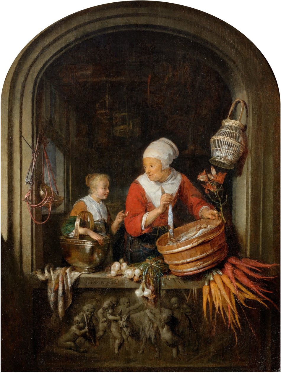 Frau verkauft Hering und Mädchen im Fenster von Gerrit Dou