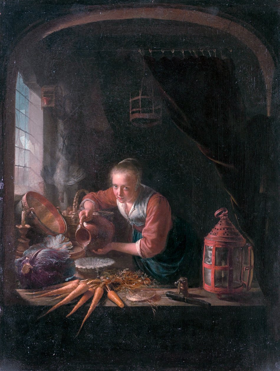 Junge Frau, die Wasser aus einem Krug gießt von Gerrit Dou