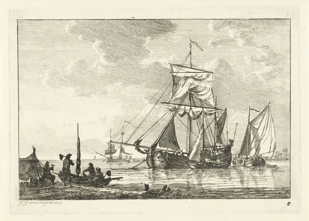Vier Segelschiffe auf stillem Wasser (Diverse Schiffe auf dem Wasser) von Gerrit Groenewegen