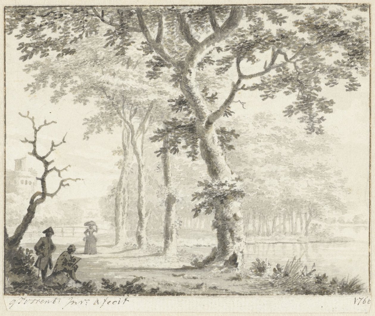 Bäume am Wasser und ein Zeichner von Gerrit Toorenburgh