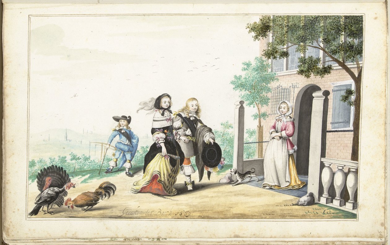 Paar begrüßt eine Dame an der Tür eines Landhauses von Gesina ter Borch (signed by artist)
