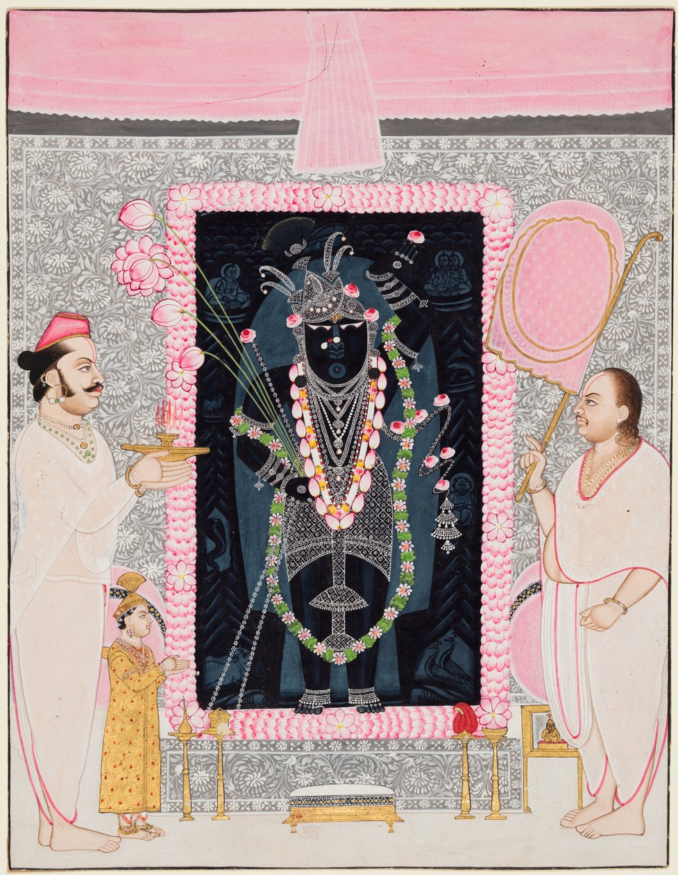 Der Oberpriester Tilakayat Govardhanlalji bringt Shri Nathji Opfergaben zur Feier..., um 1890 von Ghasiram Hardev Sharma