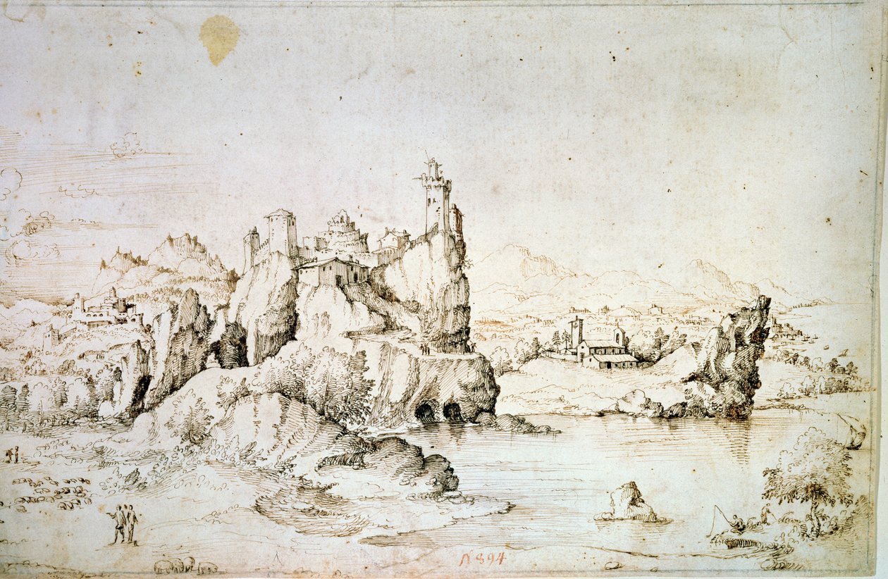 Eine Burg auf einem Felsen in einer Berglandschaft, 1540 von Gherado Cibo