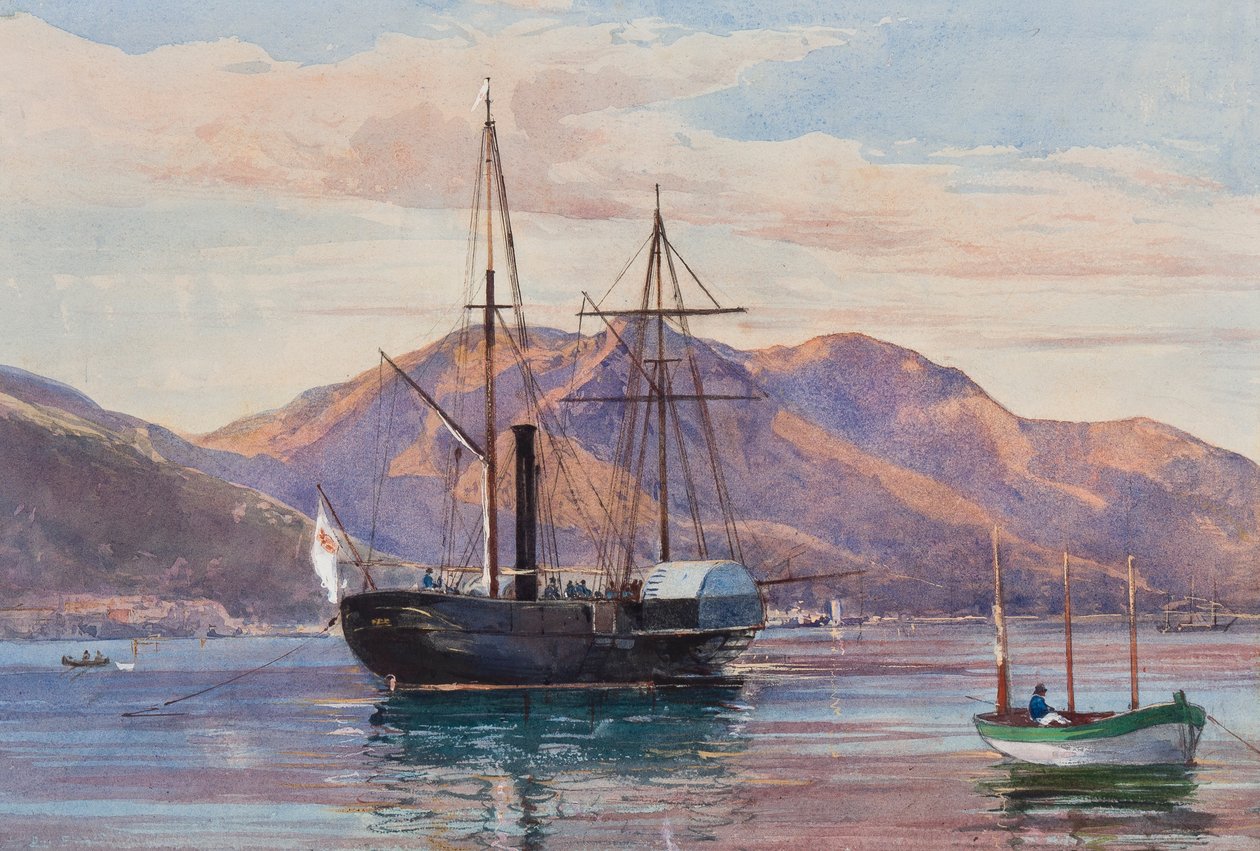 Gaeta: eine Dampffregatte, möglicherweise das königliche Dampfschiff Delfino oder Archimede, die die Borbone-Flagge führt, mit Ergänzungen eines Borbone-Schülers, möglicherweise Prinzessin Maria Annunziata di Borbone (1843-1871) von Giacinto Gigante
