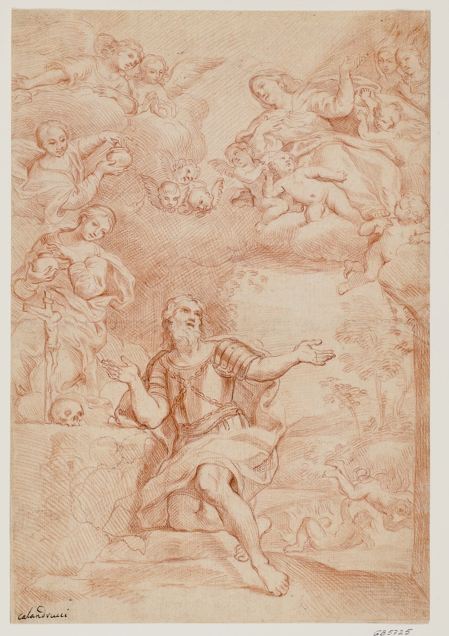 Die Madonna und zwei Frauen (die drei Marien) erscheinen in einer Vision dem heiligen Wilhelm von Aquitanien von Giacinto Calandrucci