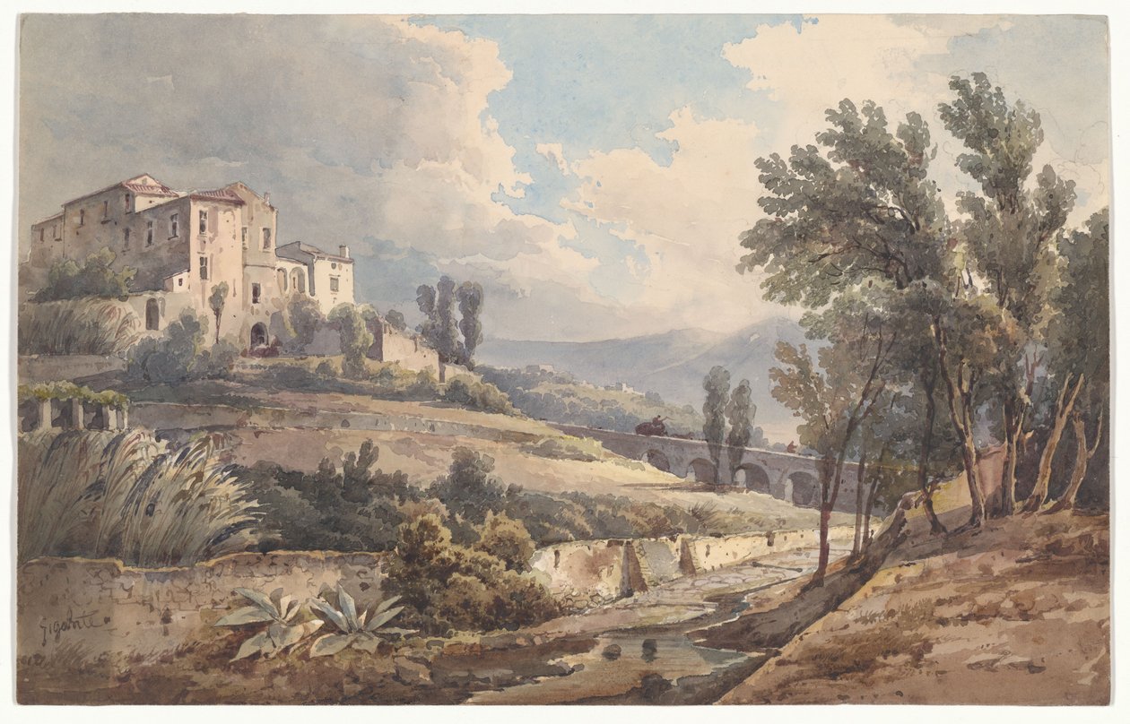 Landschaft mit einer Villa auf einem Hügel und einer Brücke in der Nähe von Cava von Giacinto Gigante