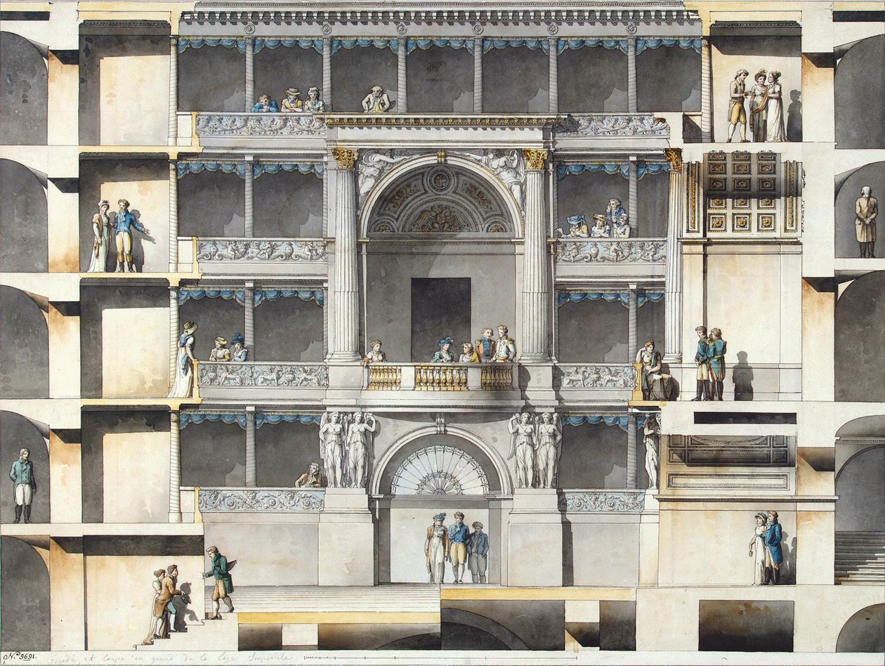 Das Sankt Petersburger Kaiserliche Bolschoi-Kamenny-Theater. Teile des Auditoriums mit der Zarenloge von Giacomo Antonio Domenico Quarenghi