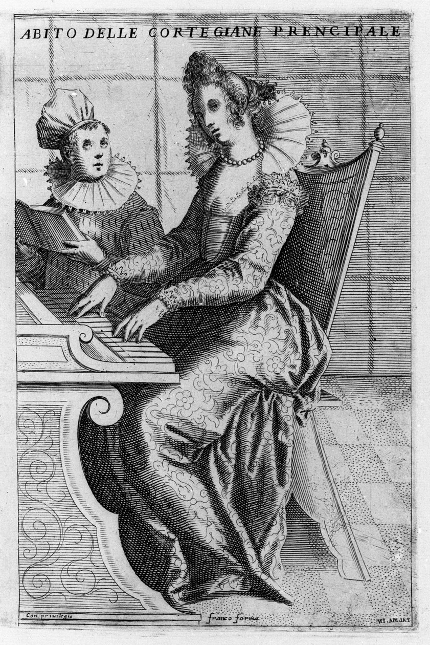 Eine Kurtisane in eleganter Kleidung spielt Klavier. Gravur von Giacomo Franco aus „Venedig, Gebräuche und Sitten“, um 1597 von Giacomo Franco