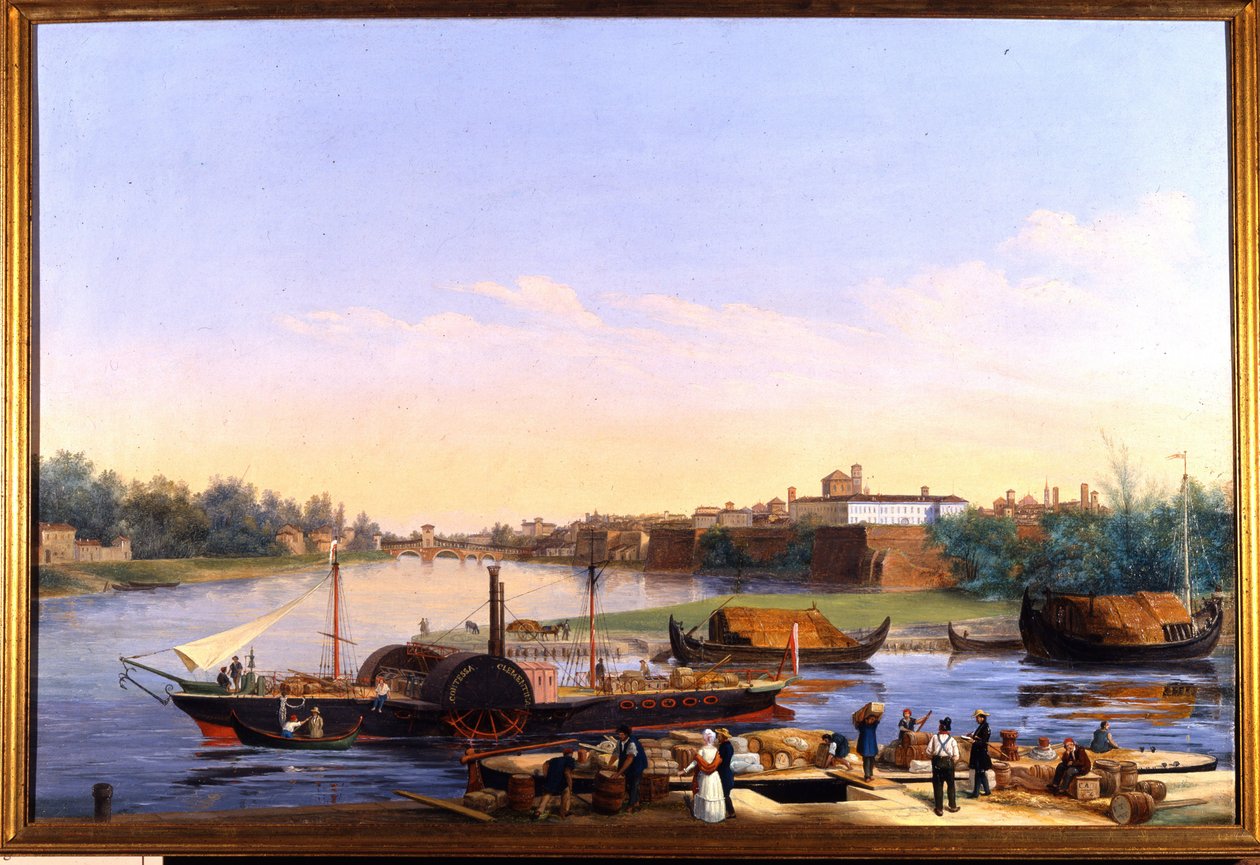 Ansicht des Hafens von Pavia am Po und des Dampfschiffs Principessa Clementina von Giacomo Trecourt