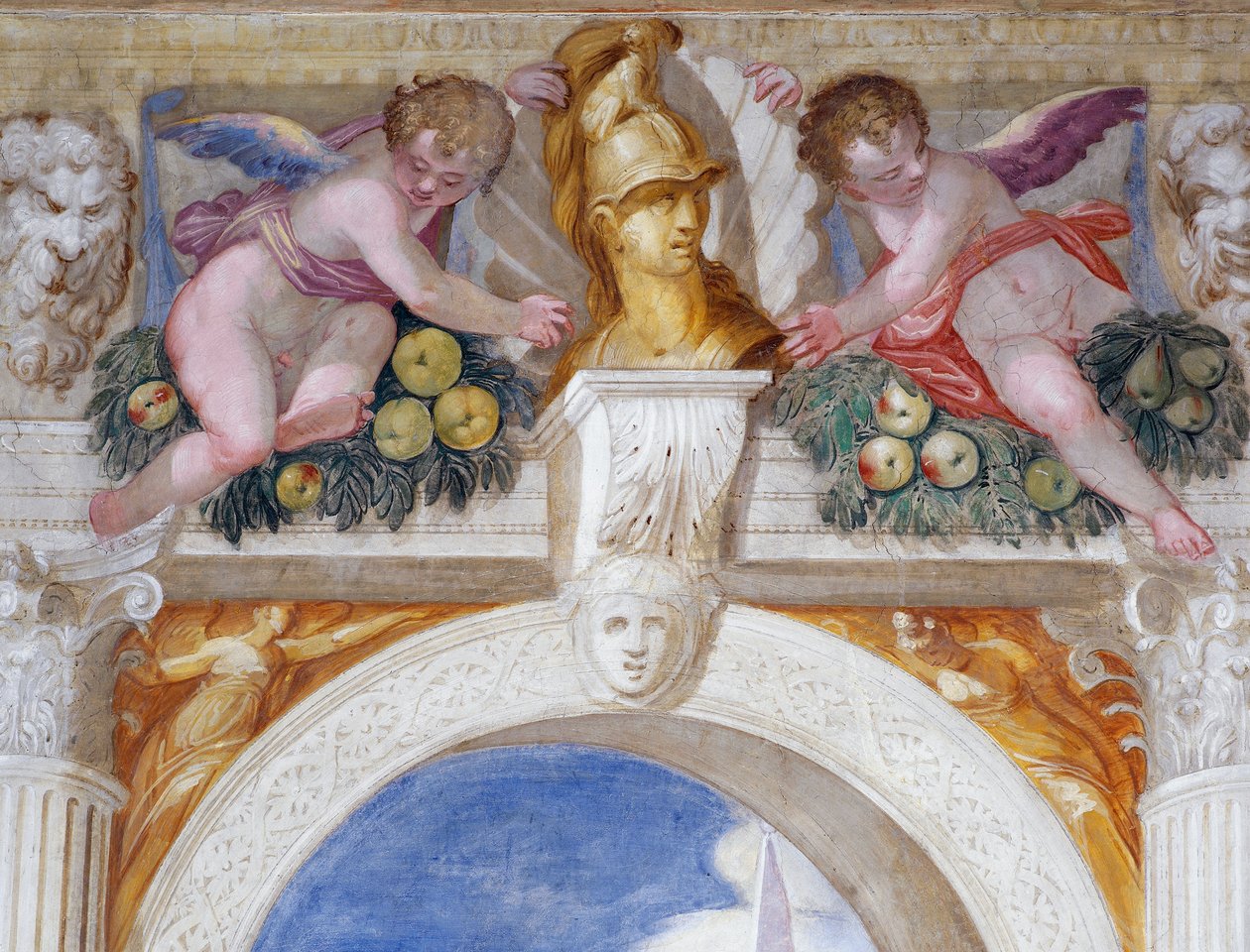 Putti mit Büste eines Helden zwischen Maskarons und Fruchtgirlanden von Giambattista Zelotti