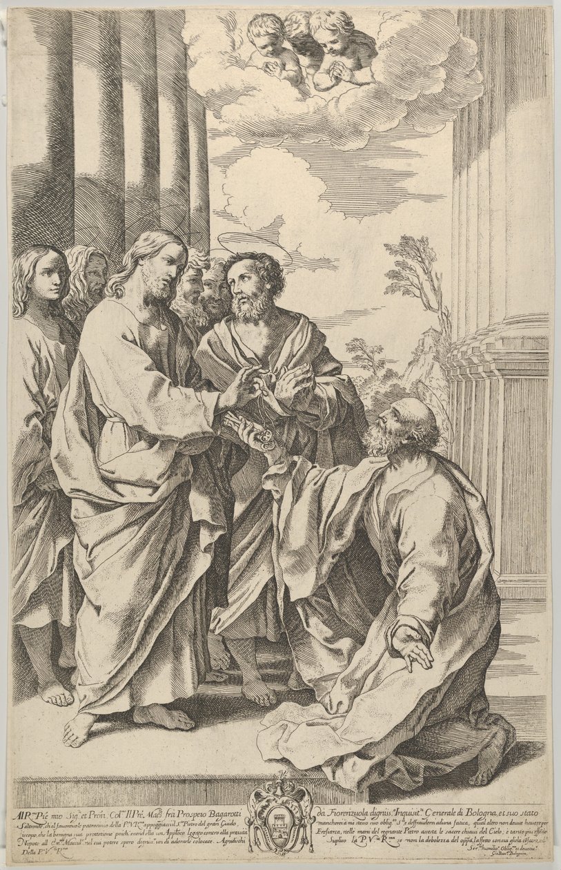Christus übergibt die Schlüssel der Kirche an den knienden Heiligen Petrus, nach Guido ..., 1640-70 von Gian Battista Bolognini