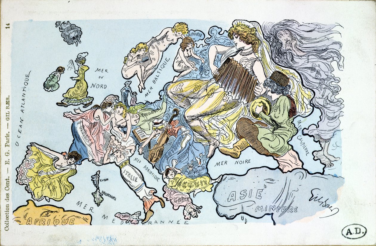 Postkarte, die die Länder Europas als Frauen darstellt von Gil Baer