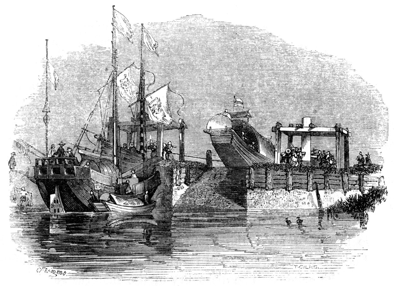 Boot über eine Schleuse oder ein Wehr auf einem Kanal gezogen, 1847 von Giles