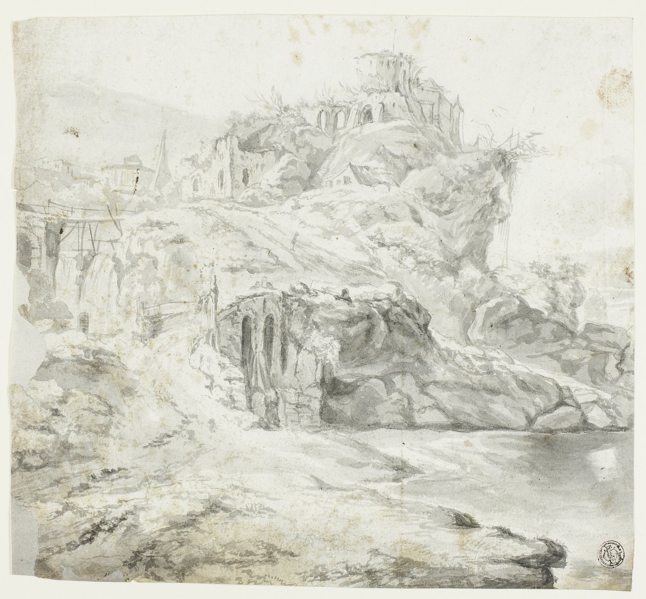 Felsvorsprung mit Ruinen und Kaskaden (recto); Skizze einer Klippe mit Gebäuden (verso) von Giles Edme Petit