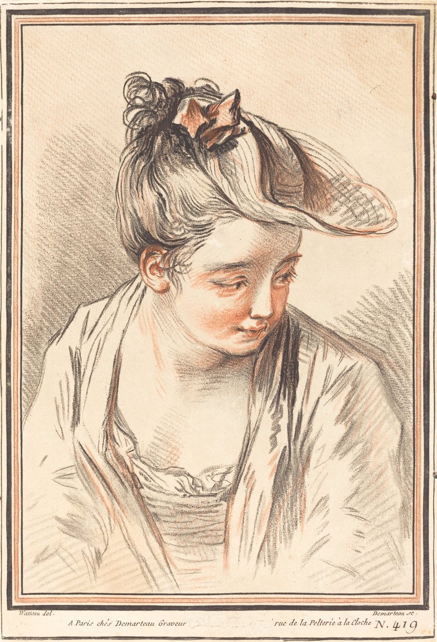 Kopf einer jungen Frau von Gilles Demarteau, the Elder after Antoine Watteau