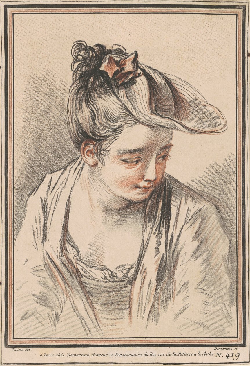 Kopf einer jungen Frau mit Hut von Gilles Demarteau the Elder after Antoine Watteau