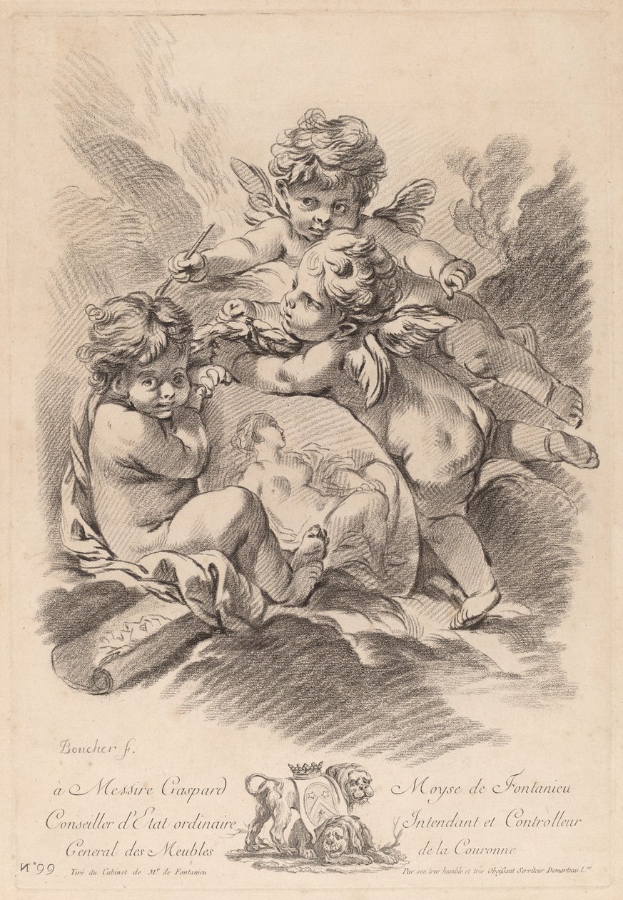 Allegorie der Malerei mit drei Putten von Gilles Demarteau the Elder after François Boucher