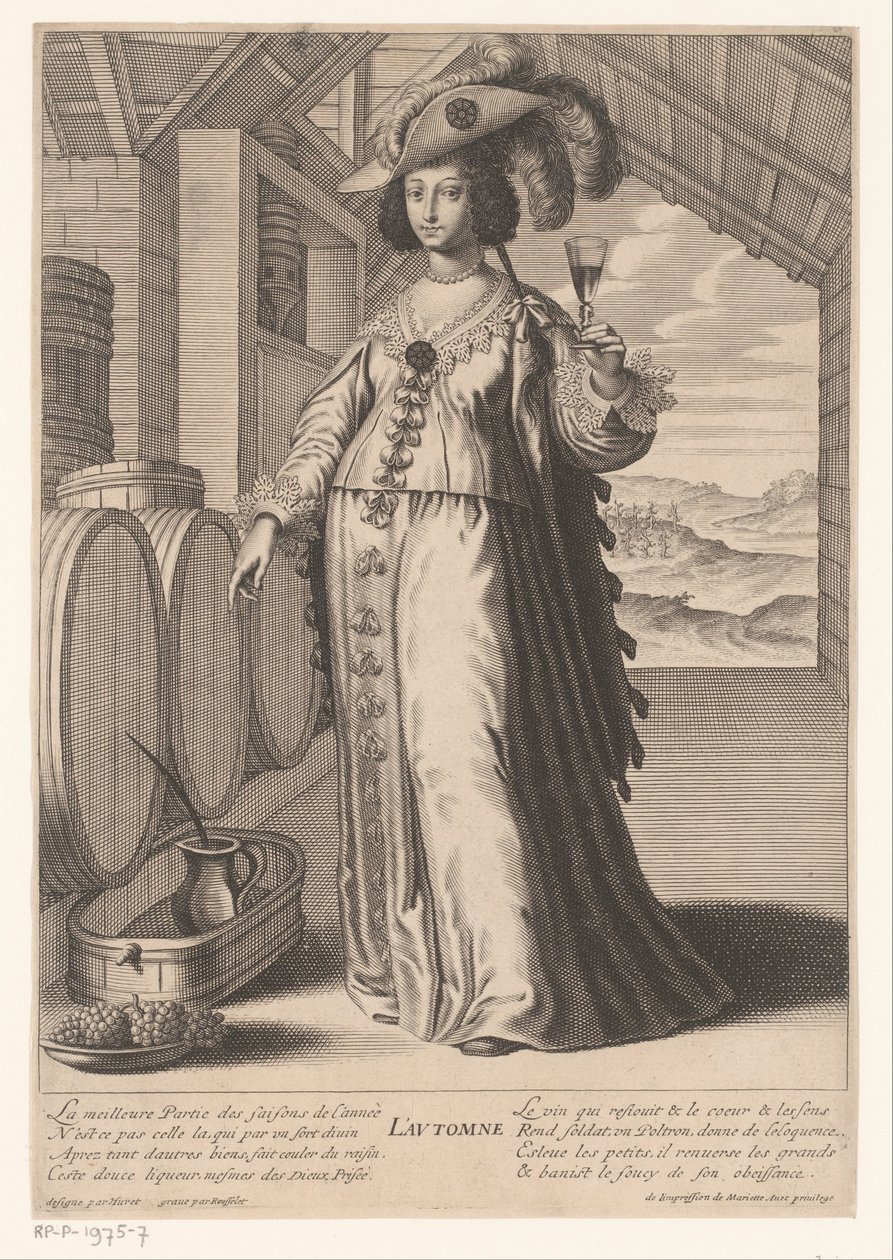 Dame mit Weinglas bei Weinfässern, mit Blick auf Weinplantage (Herbst) von Gilles Rousselet