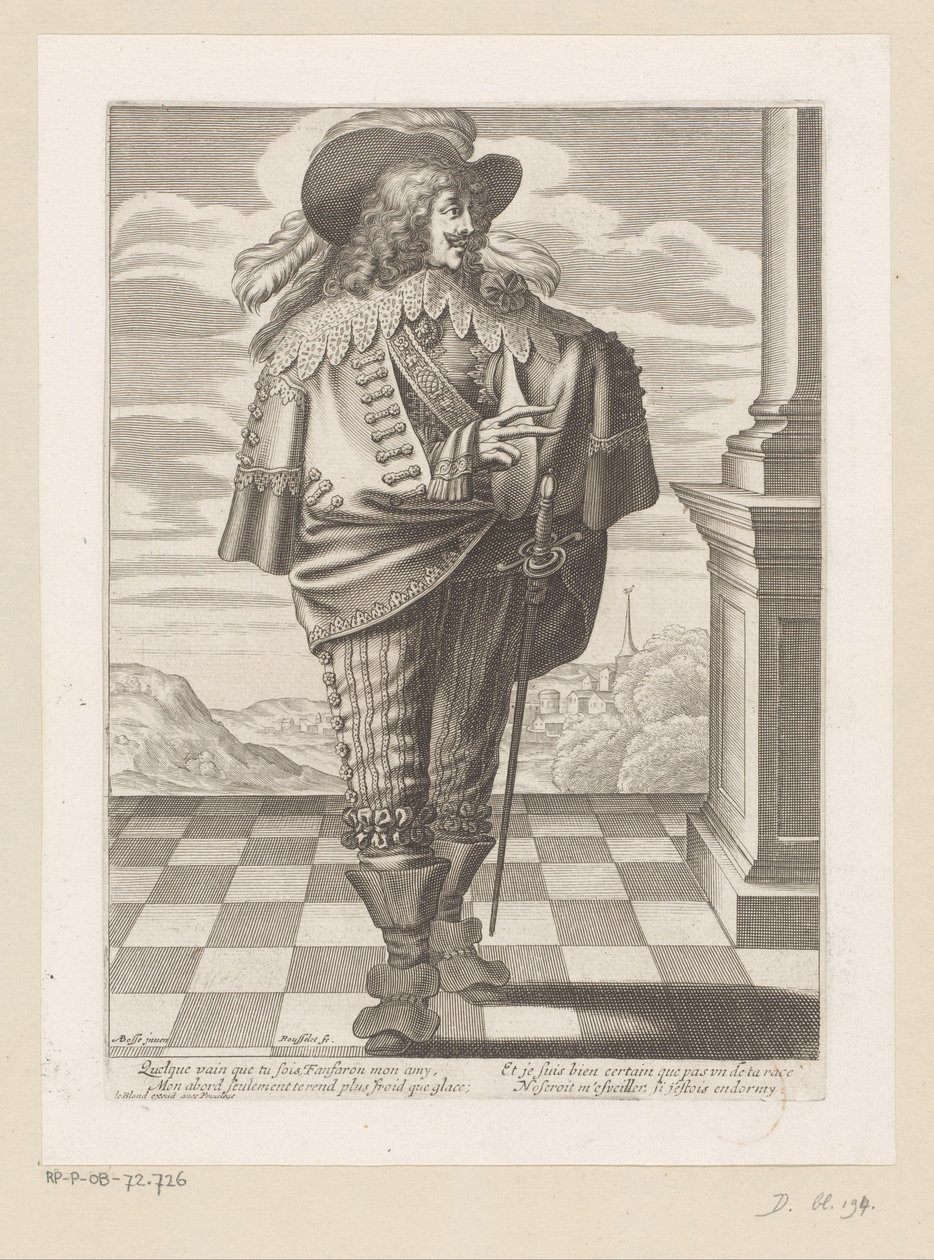 Edelmann stehend auf einer Terrasse, im Hintergrund eine Landschaft von Gilles Rousselet