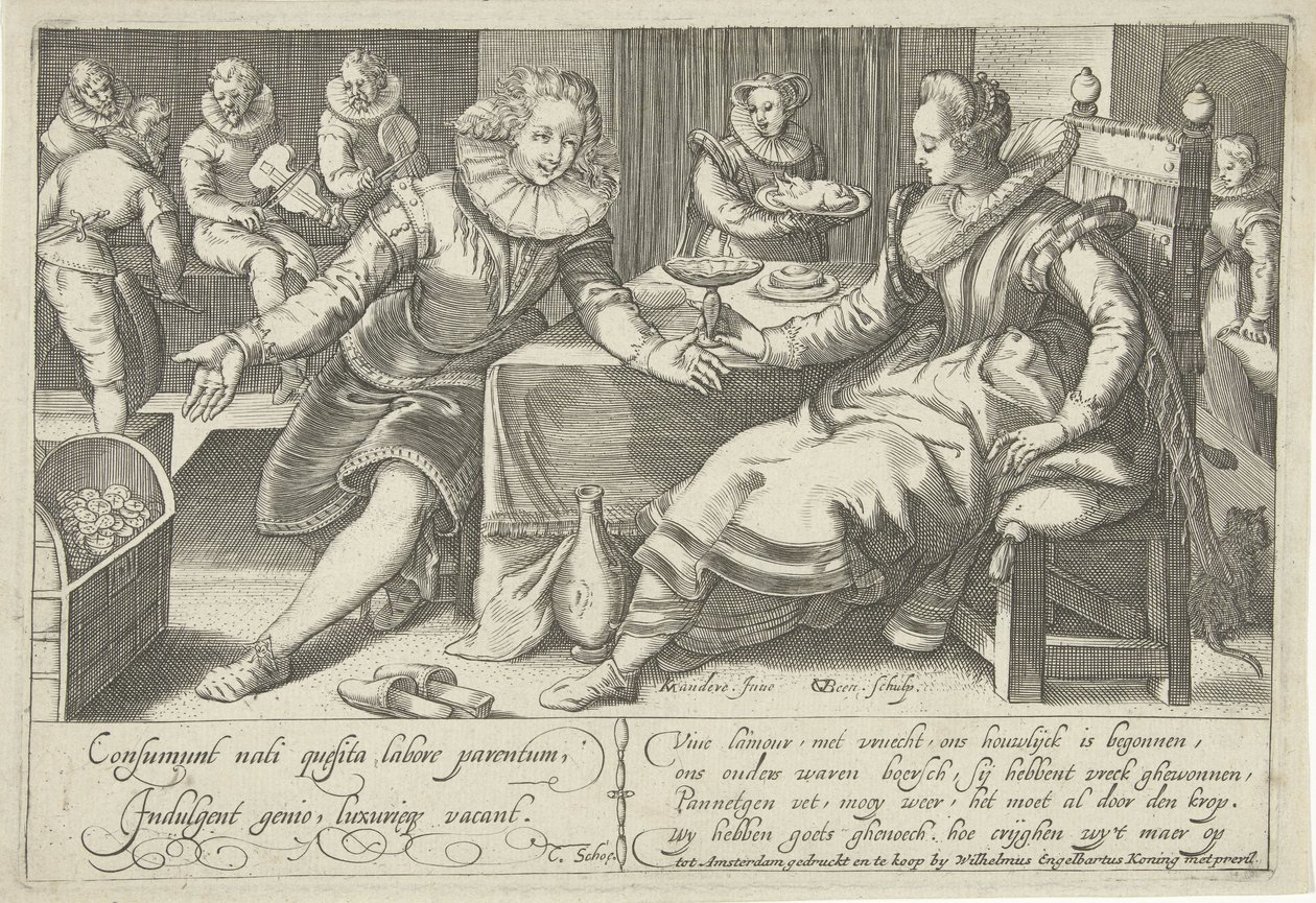 Verschwendung in der Ehe (Elegantes Paar an einem Tisch in einem Raum) von Gillis van Breen