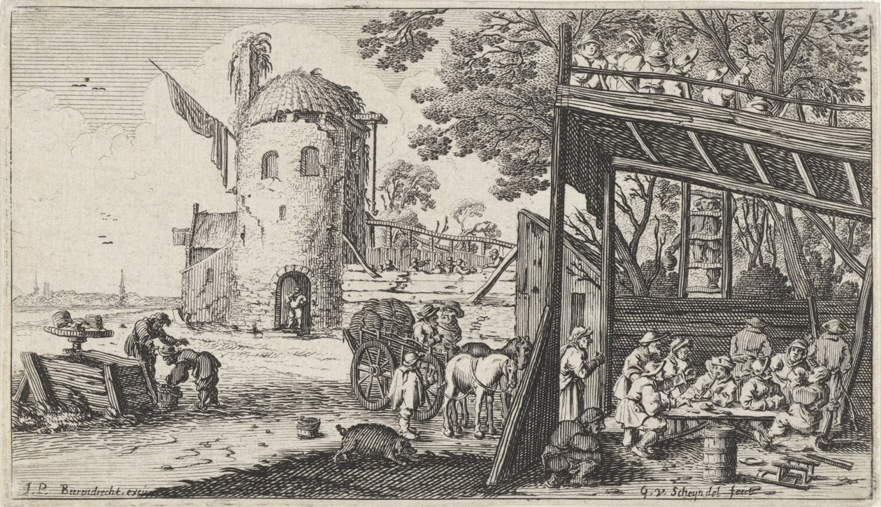 Boeren rond een tafel in een schuur (de Smaak) von Gillis van Scheyndel (I)