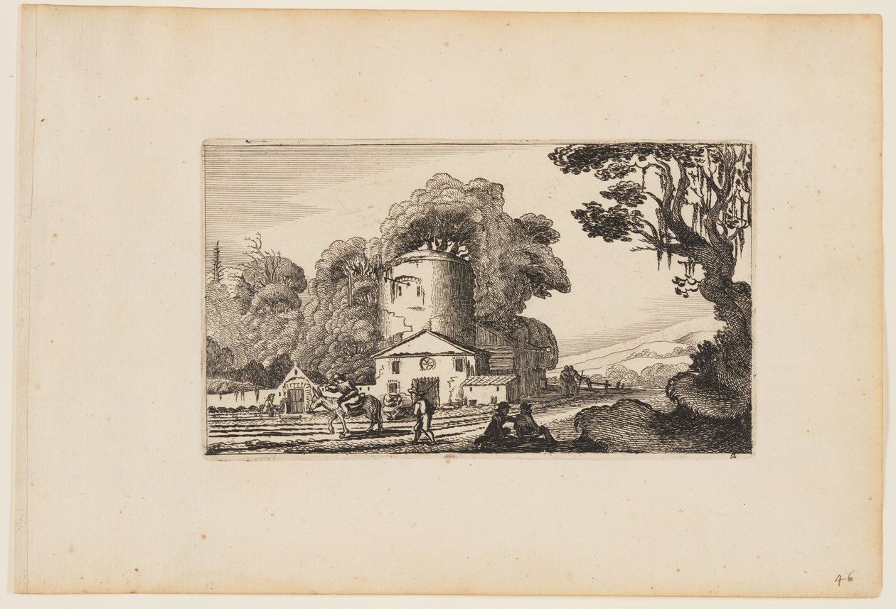 Pfad vor einem Bauernhof, dominiert von einem runden Turm, aus Zwölf Landschaften mit Figuren von Gillis van Scheyndel