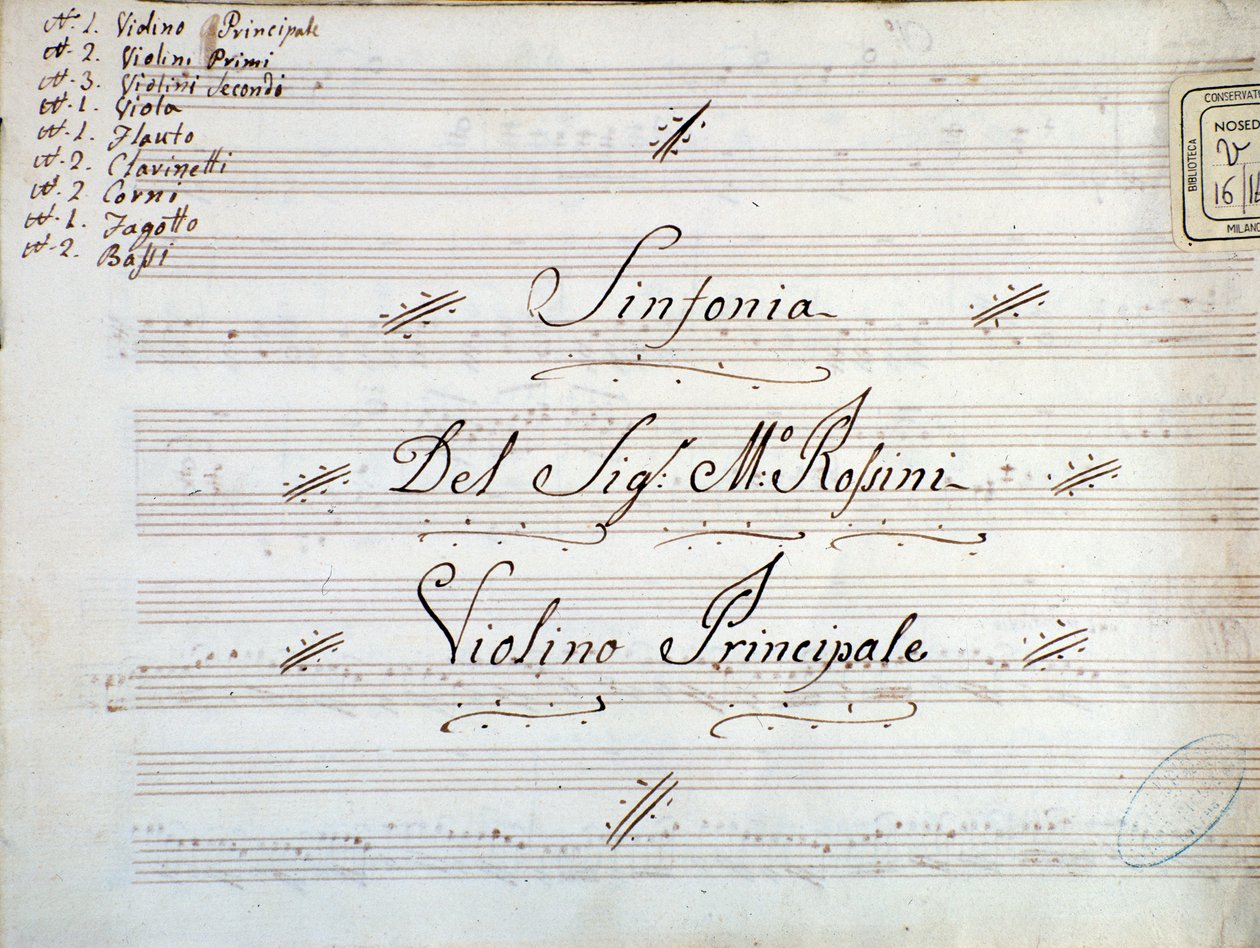 Detail der ersten Seite der Violinenpartitur für eine Symphonie von Gioacchino Rossini von Gioachino Rossini