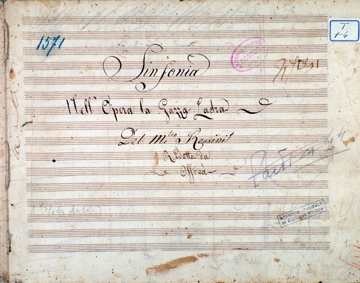Erste Seite der Partitur der Symphonie in La gazza ladra (Die diebische Elster) von Gioacchino Rossini von Gioachino Rossini