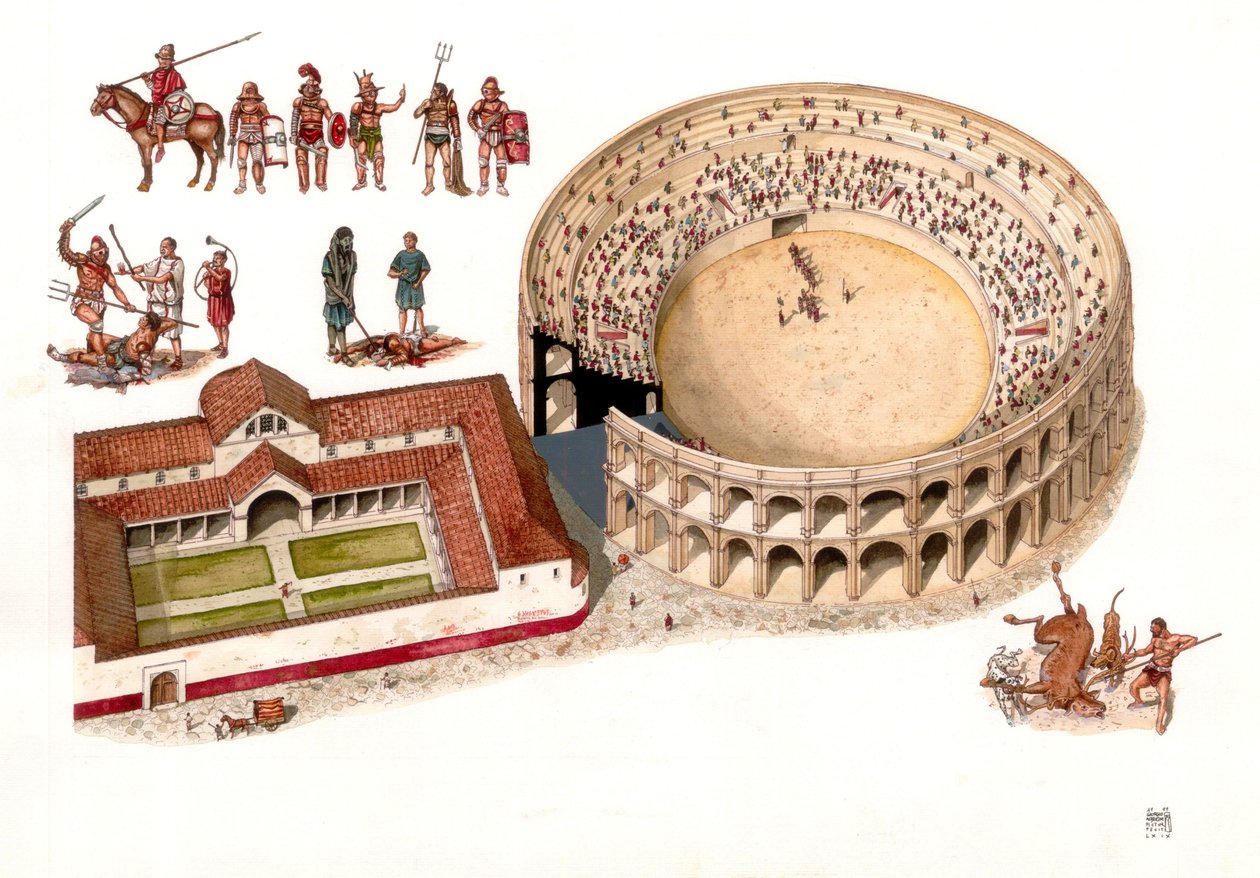 Antikes Rom: Rekonstruktion des Amphitheaters der Stadt Amiternum bei Aquila in Abruzzen, Italien. 1. - 2. Jahrhundert n. Chr. Oben links verschiedene Gladiatorenkostüme und Kampfszenen in der Arena. Illustration von Gior von Giorgio Albertini
