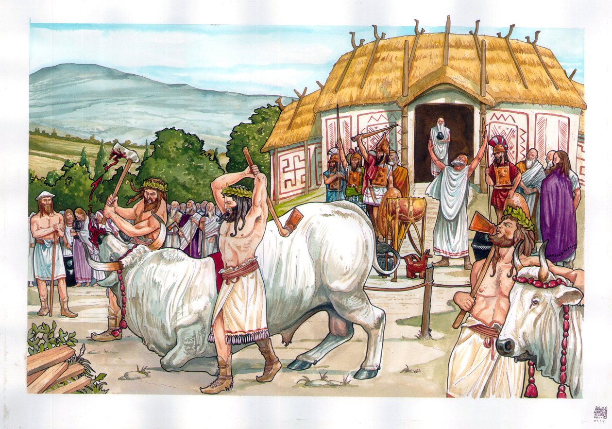 Antikes Rom: Opferzeremonie im Tempel des Jupiter auf dem Albaner Berg bei Rom, Italien. von Giorgio Albertini
