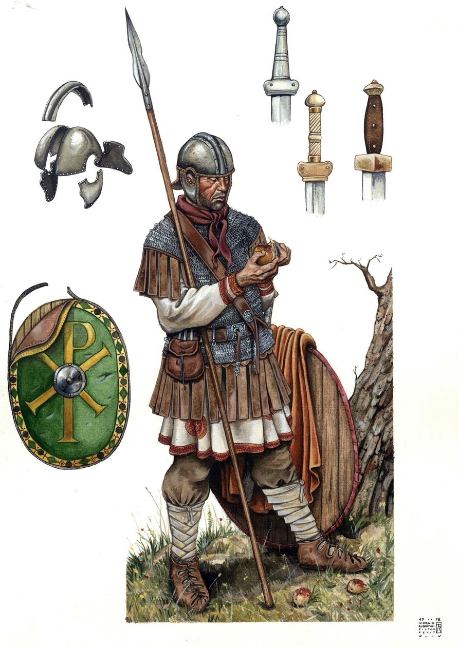 Antikes Rom: Soldat der römischen Infanterie, 5. oder 6. Jahrhundert. von Giorgio Albertini