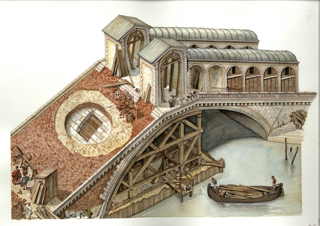 Architektur: Bau der Rialto-Brücke 1588-1591 in Venedig, Italien. Illustration von Giorgio Albertini. von Giorgio Albertini