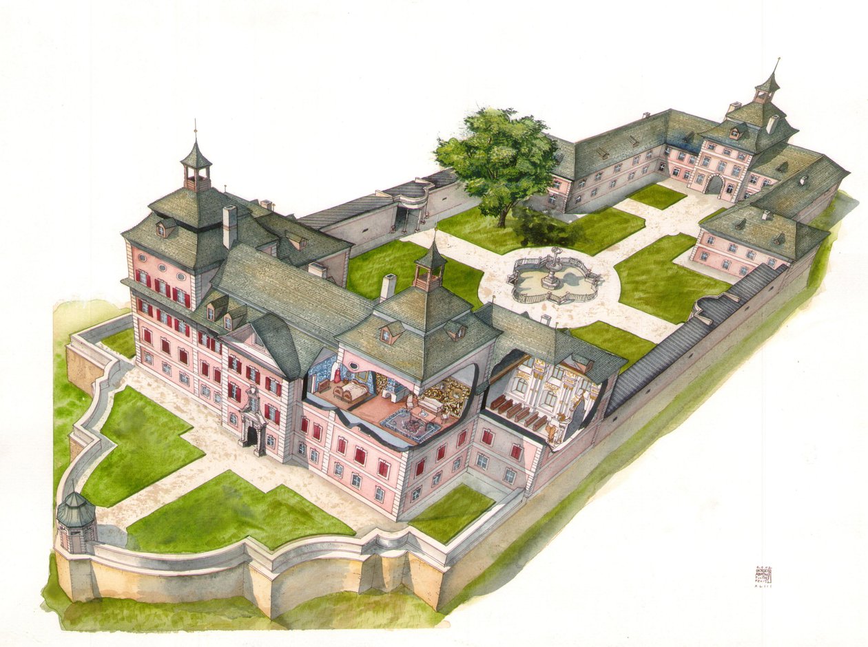 Barockarchitektur: Rekonstruktion des Schlosses Wolfsthurn, Mareta, Bozen, Italien. Illustration von Giorgio Albertini. von Giorgio Albertini
