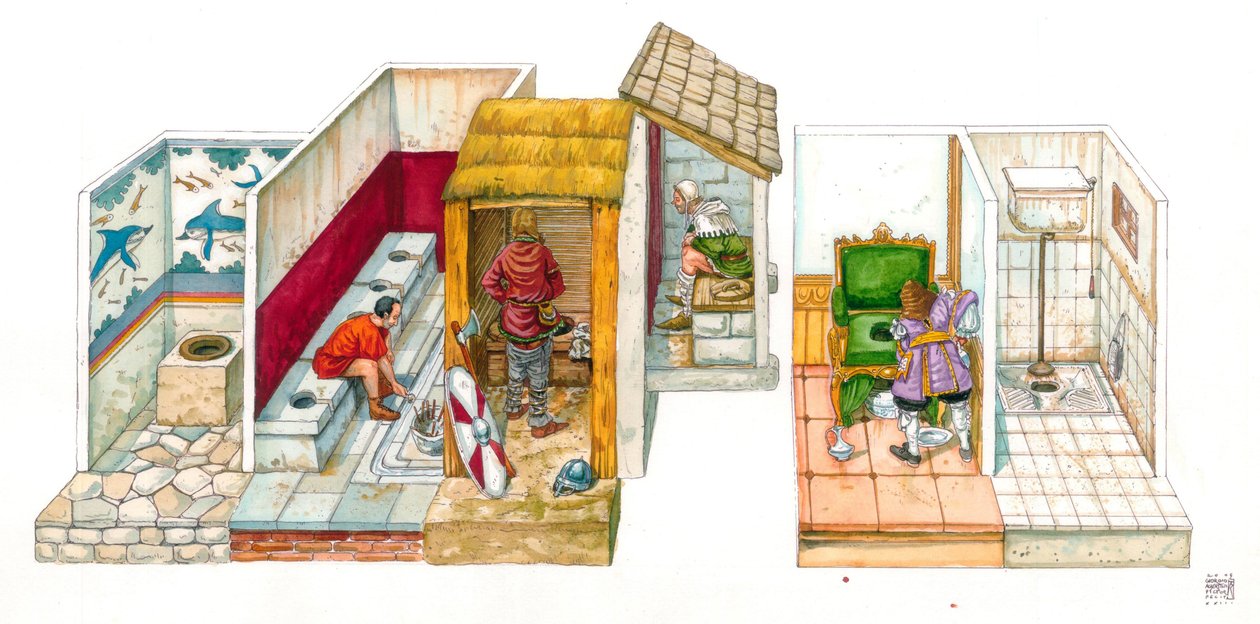 Alltagsleben: Entwicklung der sanitären Systeme und Hygiene: Tafel, die Toiletten, Toiletten, Schrank, Wasserabflusssystem von der Antike bis zur Neuzeit darstellt, von links nach rechts, ein Loch, das aus der Erde geschnitten wurde, in der Mitte der To von Giorgio Albertini