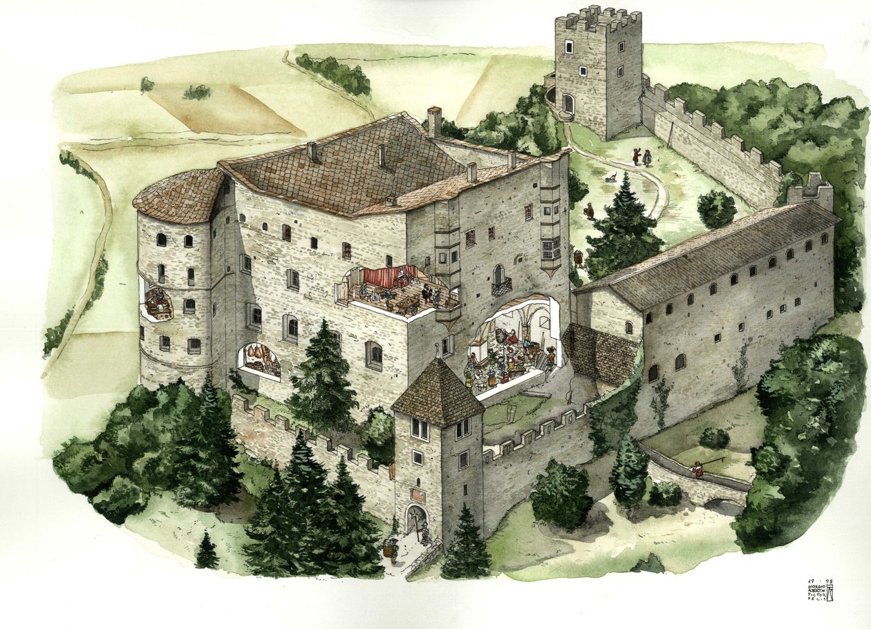 Mittelalterliche Architektur: Blick auf das Schloss von Pergine, mit Schnitten, die das Leben der Bewohner in den Räumen des Schlosses im 16. Jahrhundert zeigen. Pergine Valsugana, Trento, Italien Illustration von Giorgio Albertini von Giorgio Albertini