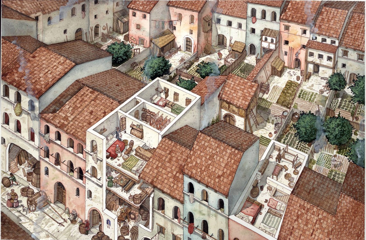 Mittelalter: Luftansicht von Wohnhäusern, Querschnittsansichten des Inneren der Wohnhäuser in Florenz, Italien im 13. Jahrhundert. von Giorgio Albertini
