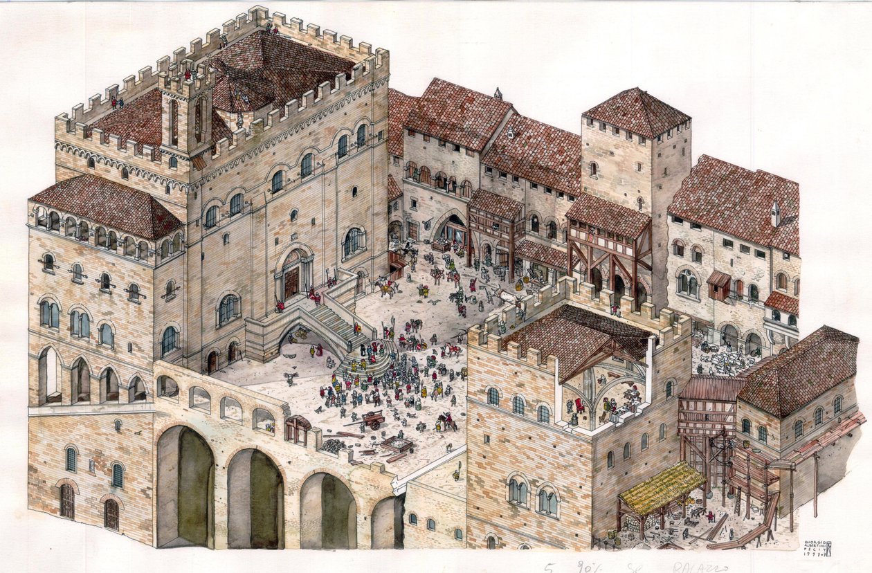 Mittelalter: Luftansicht des zentralen Platzes der Stadt Gubbio (Umbrien) in Italien im 14. Jahrhundert. Der Konsulspalast ist links sichtbar. von Giorgio Albertini