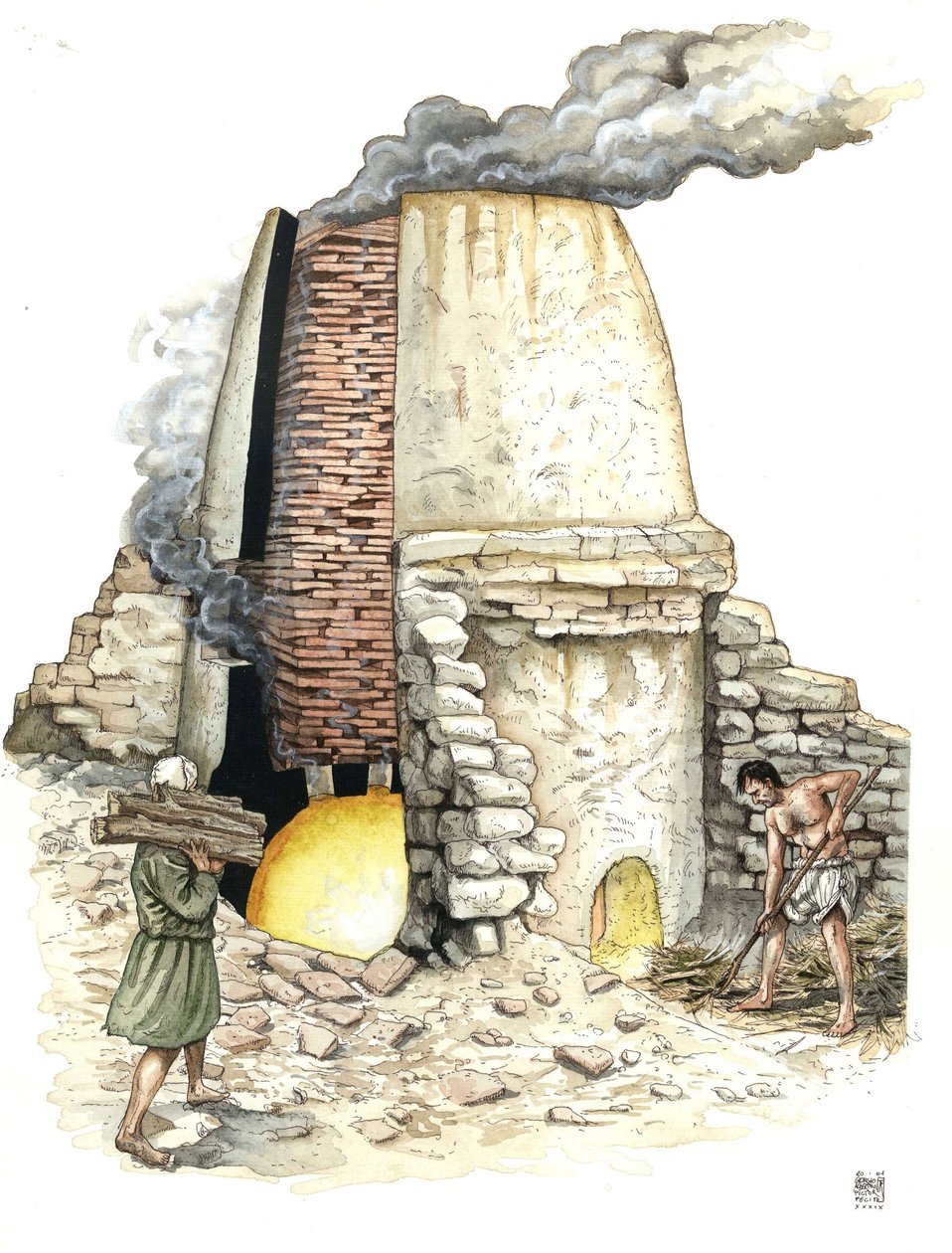 Mittelalter: Ziegelofen wird mit Holz befeuert. 12. Jahrhundert von Giorgio Albertini